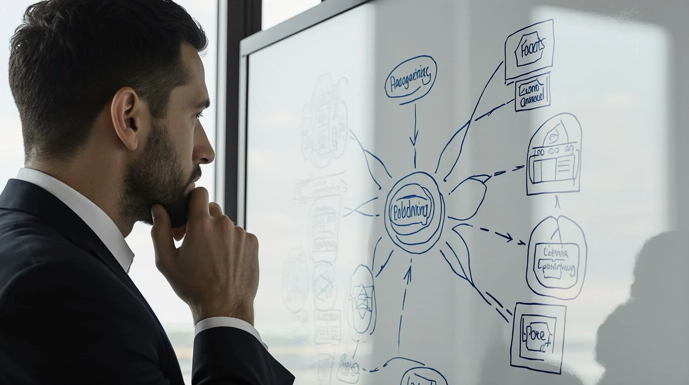 Creative strategist analyzing mind maps on a whiteboard during a brand diagnosis