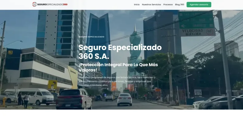 Seguro Especializado 360 website hero with comprehensive protection message