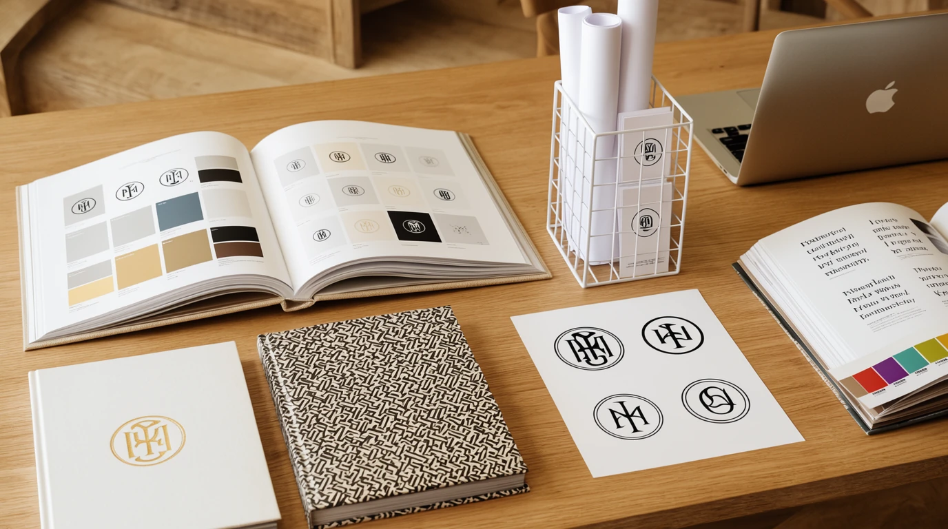 Premium branding workspace with corporate visual identity system