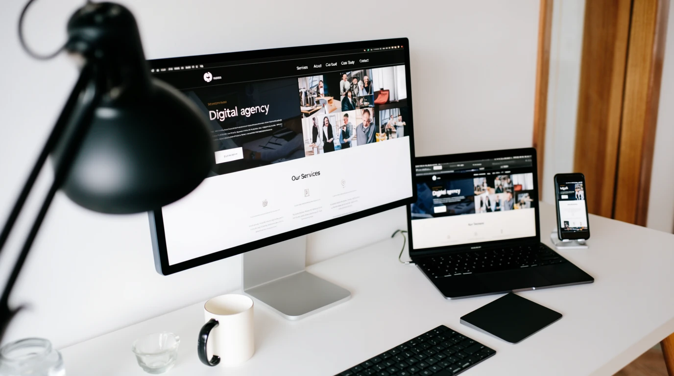 Modern web design studio with screens and digital interfaces