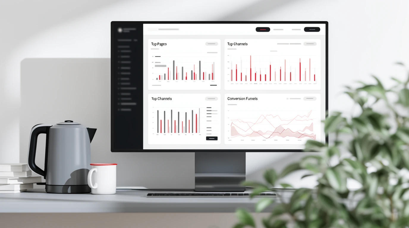 Workspace with monitor showing digital analytics dashboard and conversion metrics